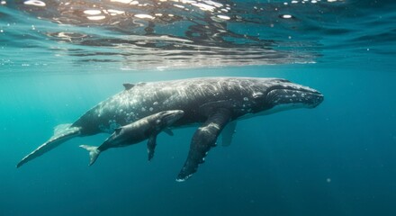Humpback whale and calf underwater