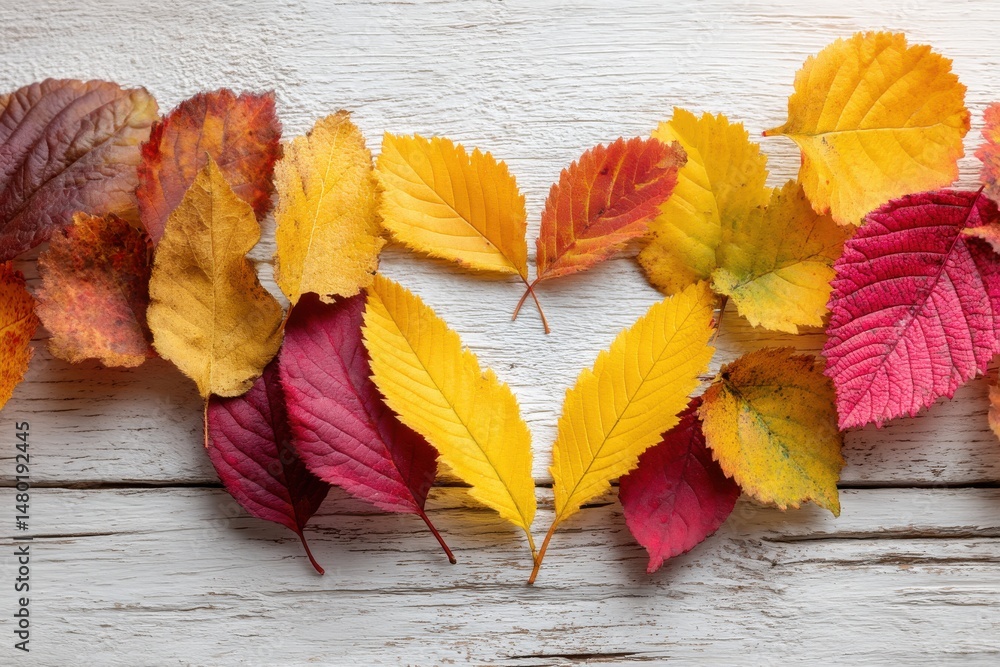 Poster colorful autumn leaves arranged on a rustic white wooden surface creating a vibrant and warm seasona