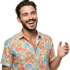 Laughing man in floral shirt isolated on transparent background