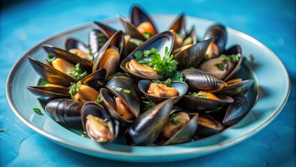 Fototapeta premium A close-up of a plate of cooked mussels, their shells open to reveal tender meat, arranged on a blue plate, showcasing the vibrant colors and textures of this seafood delicacy.