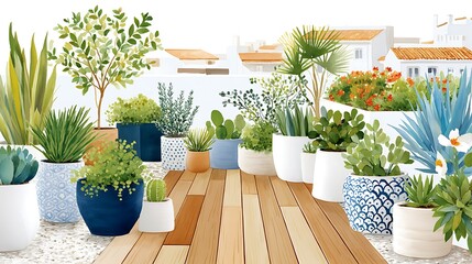Watercolor Trex Deck Surrounded by Colorful Plants and Lush Greenery