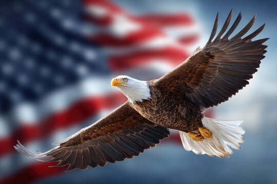 Majestic bald eagle soars gracefully against a blurred American flag backdrop, showcasing freedom and national pride with its powerful wings and sharp gaze. - Powered by Adobe