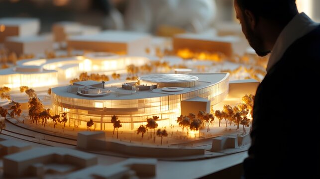 An architect viewing a scale model of a cultural center - Powered by Adobe