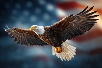 Fototapeta premium A majestic bald eagle soars gracefully against a blurred American flag backdrop, its wings fully extended, showcasing freedom and strength in a powerful image.