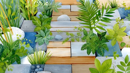Vibrant Watercolor Painting of Trex Deck Surrounded by Lush Greenery and Stones