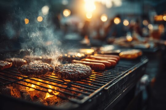 Close-up of burgers and hotdogs grilling over a hot charcoal grill with smoke rising, preparing food at an outdoor summer barbecue for family picnic cookout.