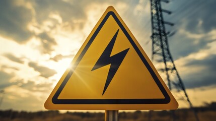 High voltage danger sign near electricity pylon and power lines at sunset energy infrastructure risk area