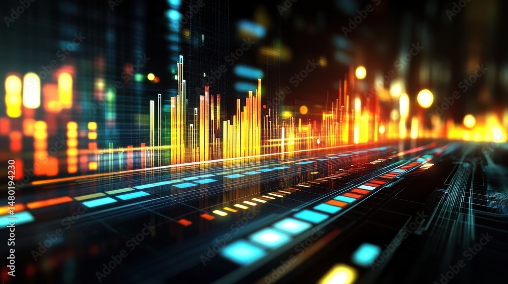 Poster abstract digital sound waves with colorful frequency bars and lines