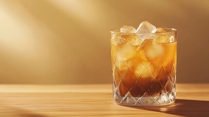 Elegant Whisky Glass with Ice Cubes on Wooden Surface in Warm Light Setting for Cozy Ambiance Photography