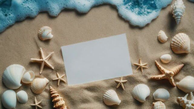 Blank card on beach sand with seashells and ocean foam, invitation or postcard mockup