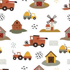 Seamless vector pattern in flat cartoon style. Farm scene with barn, shed, windmill, tractor, cows, horses, sheep, and trees on green background. Great for kids&rsquo; designs, textiles, and prints.