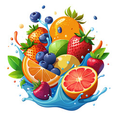 Fresh Juicy Fruits Splashing in Blue Water