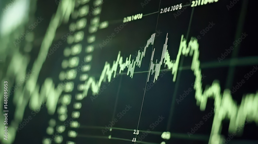 Aufkleber abstract financial chart with green lines and data on dark background