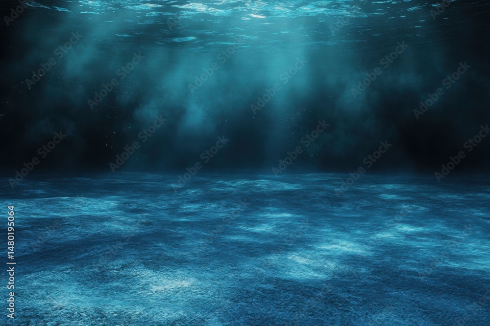 Poster underwater view of ocean surface with light rays and dark depths in a serene and mysterious ambiance