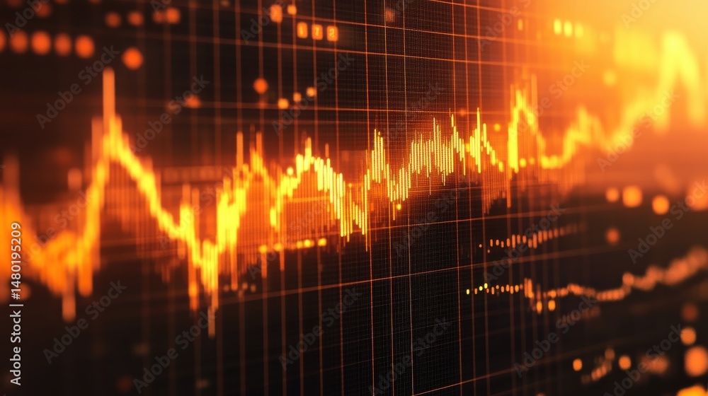 Poster abstract financial data visualization with orange waveforms
