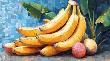 Mosaic-style banana bunch, tropical fruits, blue tile background, still life, food photography