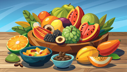 Assortment of Exotic Tropical Fruits in Wooden Bowl