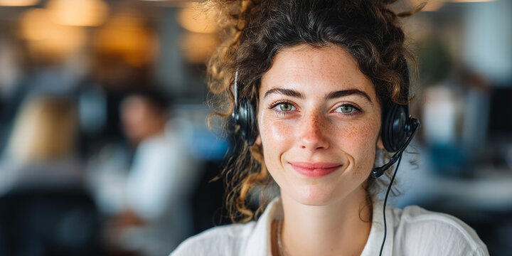 Close-up of a young woman with curly hair, wearing headset, smiling gently, in a blurred office background, showcasing customer service, communication, and support