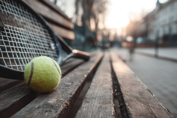Tennis ball resting on wooden bench.