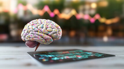 Close-up of a digital tablet displaying educational content with a detailed human brain model in the foreground on a wooden table