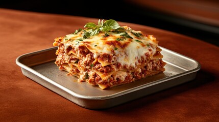 Delicious homemade lasagna with cheesy melted topping and savory meat filling served on a modern tray