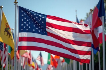 US flag displayed prominently among diverse flags , variety, event