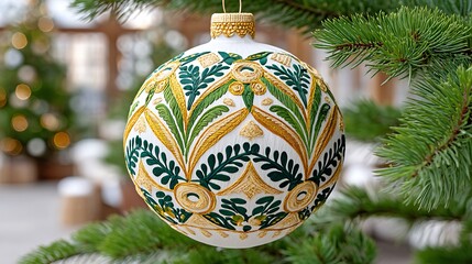 Elegant White Christmas Bauble Gently Swaying on Fir Branch with Beautiful Decor