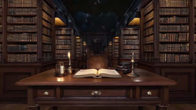 Dark, antique library interior with open book.