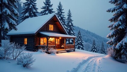 Naklejka premium Cozy winter scene with warm lighting, snow-covered pine trees, and a rustic cabin , rustic, wood, nature