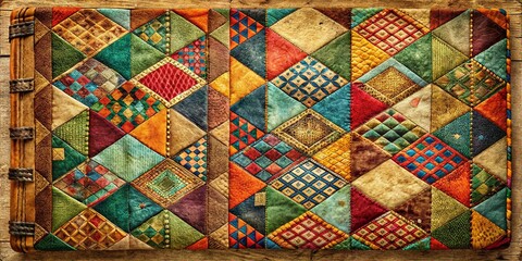 Fototapeta premium Vintage Notebook Cover with Geometric Patchwork Design - Abstract Texture Background