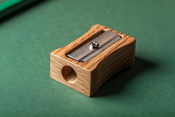 Realistic Wooden Pencil Sharpener on Matte Green Background