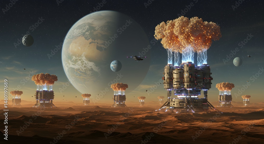 Aufkleber martian oasis: sci-fi structures harnessing energy on a red planet with distant earth, moons, and a 