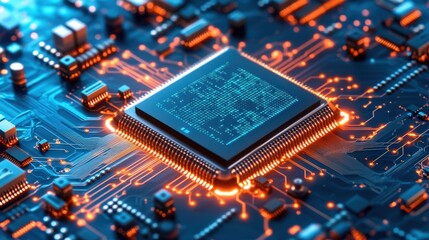 Close-up of a blue microprocessor chip mounted on a detailed circuit board with glowing electrical pathways