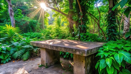 A stone table sits in the shade of a verdant forest, bathed in the golden rays of sunlight that pierce through the leaves.