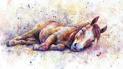 Fototapeta premium Watercolor Illustration of Sleeping Horse on Ground; Relaxing Equine Art with Colorful Splatters and Dreamy Vibe; Artistic Animal Portrait
