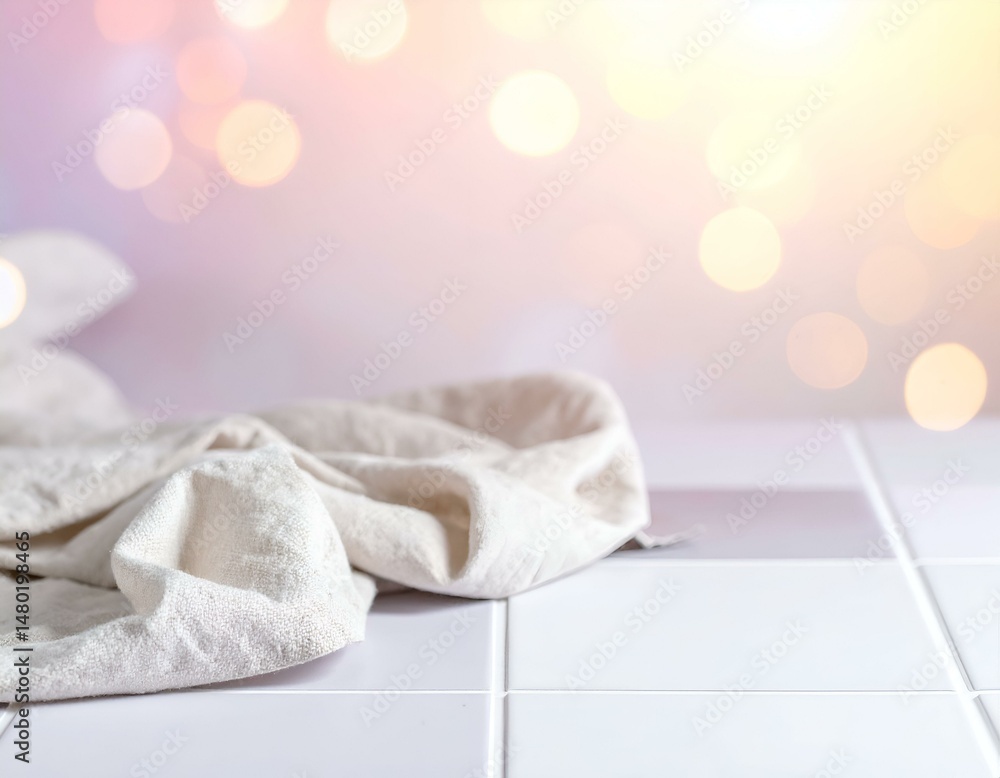 Poster white linen cloth draped on white tile surface with a bokeh background. perfect for product display 