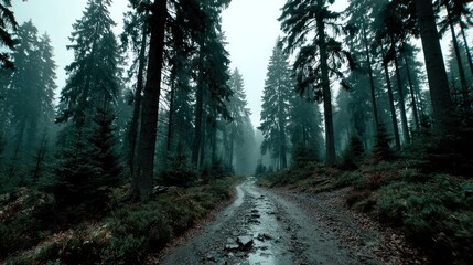 Obraz premium Forest path through evergreen trees