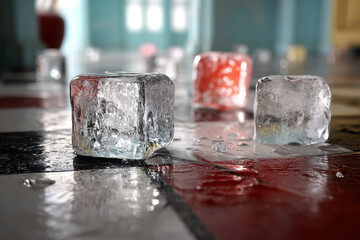 Ice cubes melting on table, creating small puddles.