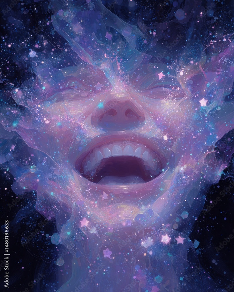 Poster a whimsical representation of a laughing face with laughter creating a cascade of stars and celestia