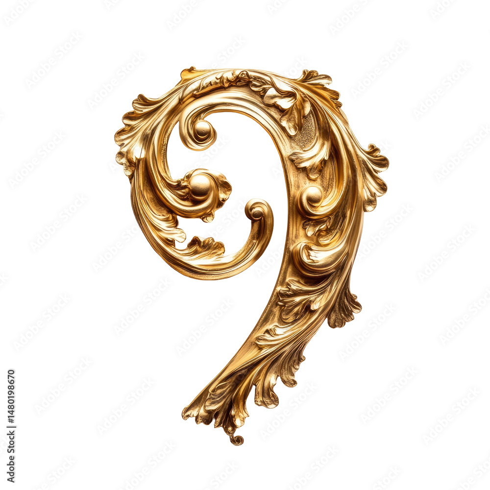 Poster ornate golden number nine isolated against a transparent background intricate scrollwork and baroque