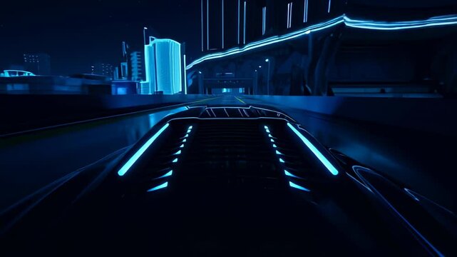 Futuristic sports car driving fast through neon cityscape nightscape, glowing blue lights, cyberpunk race, technology innovation, urban energy, dynamic background, automotive commercial, digital desig - Powered by Adobe