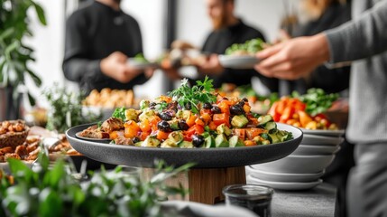 Obraz premium Gourmet buffet with colorful fresh vegetable and fruit salads served at a modern food event