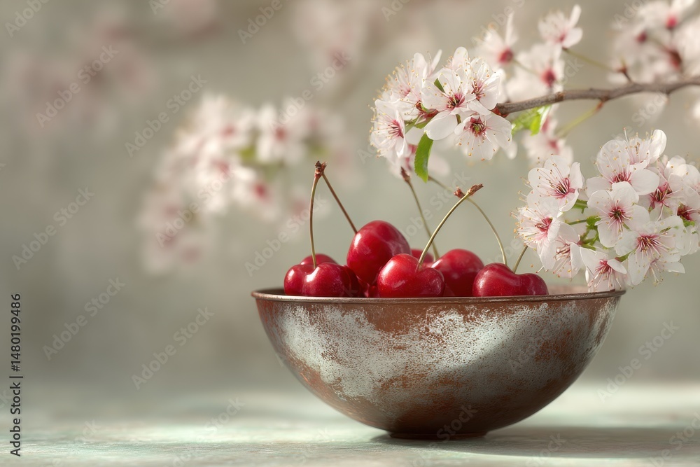 Poster still life featuring fresh cherries in a rustic bowl adorned with cherry blossoms creating a serene 