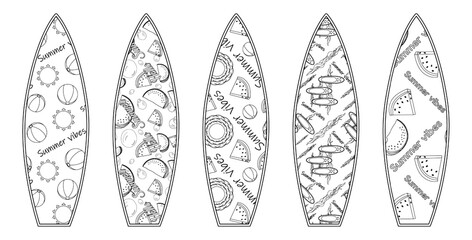Coloring with summer outline of surfboard set with tropical fruit watermelons, sun and beach balls, and surfs on ocean waves. For entertaining, beach, summertime, activity, sports, and outdoor design.