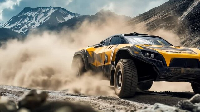 Powerful yellow buggy racing on a dusty mountain road