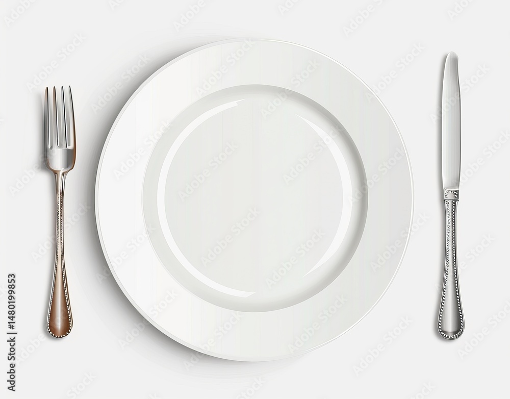 Poster empty dinner plate with silver fork and knife table setting