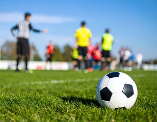 Obraz premium Soccer ball on the grass with blurred background of soccer players and referee. Perfect for sports, hobby, and lifestyle themes.
