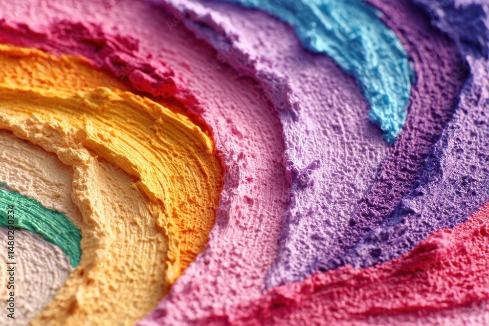 Poster a vibrant and textured close-up of multi-colored paint arranged in curved, rainbow-like layers, crea