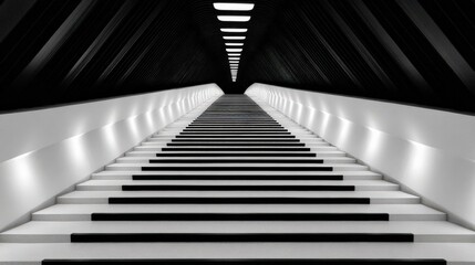Fototapeta premium A futuristic hallway designed to resemble piano keys, with dramatic lighting and a symmetrical, vanishing point perspective.