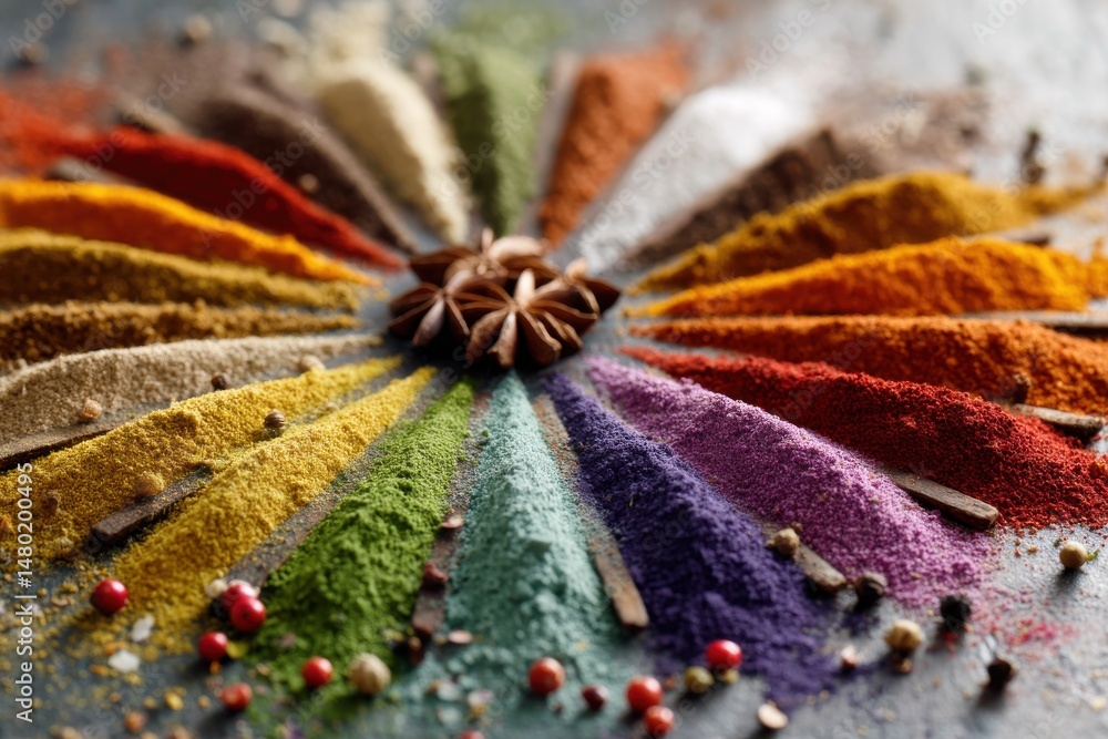 Poster a colorful array of various spices and herbs arranged in a circular pattern with star anise, showcas